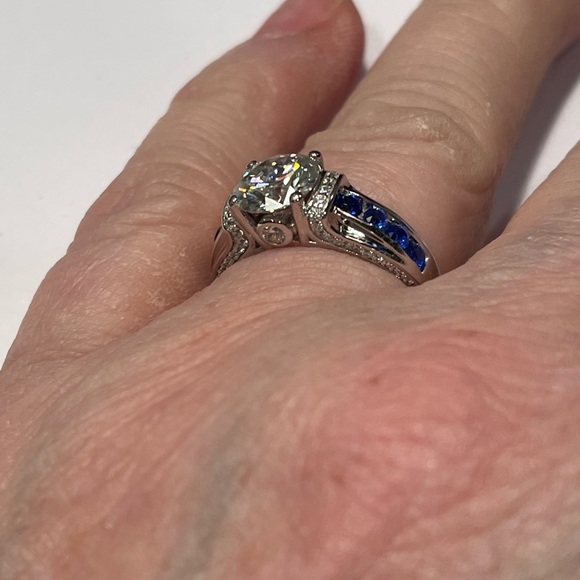 2 ct MOISSANITE & Sapphires 3x Rhodium Sterling Engagement/Ring! - Picture 3 of 13